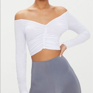 PLT white slinky ruched long sleeve crop top